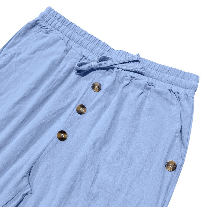 Buddha Stones Solid Color Buttons Drawstring Men's Cotton Pants With Pockets