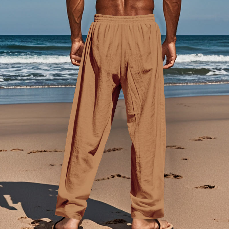 Buddha Stones Solid Color Buttons Drawstring Men's Cotton Pants With Pockets