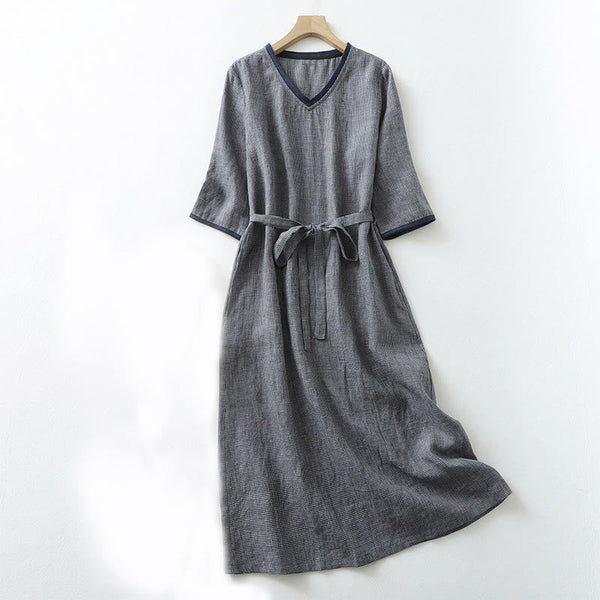 Buddha Stones Commute MidnightBlue Plaid Lace-Up Design Cotton Linen Midi Dress With Pockets