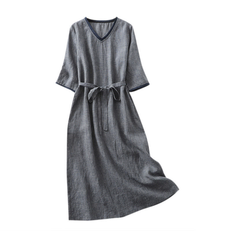 Buddha Stones Commute MidnightBlue Plaid Lace-Up Design Cotton Linen Midi Dress With Pockets