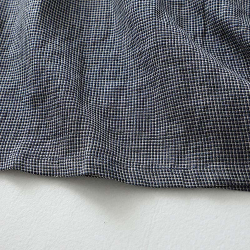 Buddha Stones Commute MidnightBlue Plaid Lace-Up Design Cotton Linen Midi Dress With Pockets