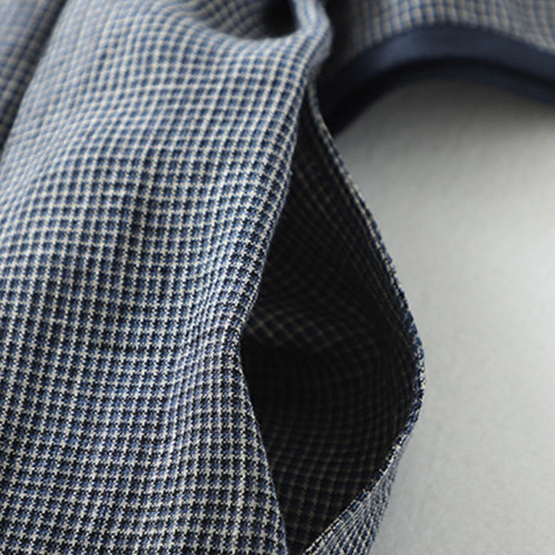 Buddha Stones Commute MidnightBlue Plaid Lace-Up Design Cotton Linen Midi Dress With Pockets