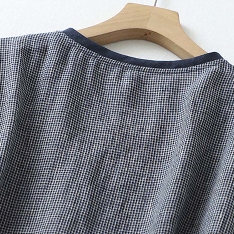 Buddha Stones Commute MidnightBlue Plaid Lace-Up Design Cotton Linen Midi Dress With Pockets