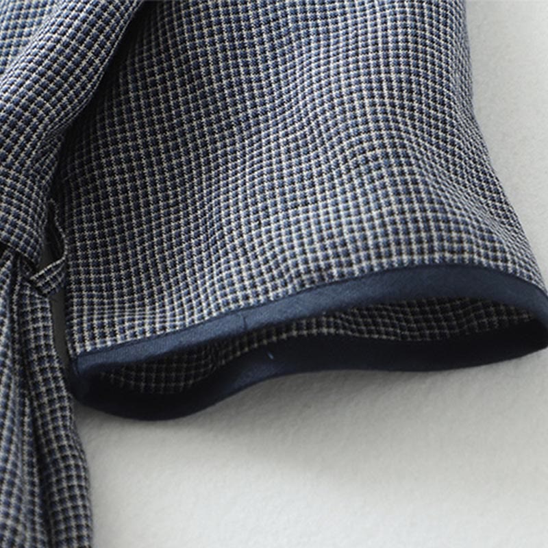 Buddha Stones Commute MidnightBlue Plaid Lace-Up Design Cotton Linen Midi Dress With Pockets