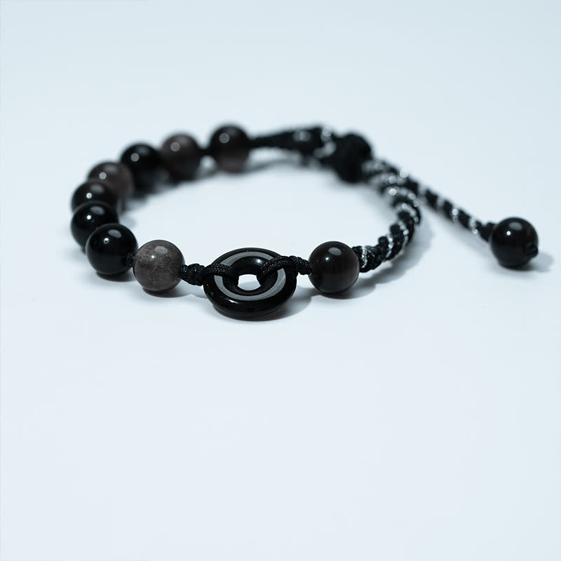 Buddha Stones Natural Black Obsidian Peace Buckle Purification Black Rope Bracelet