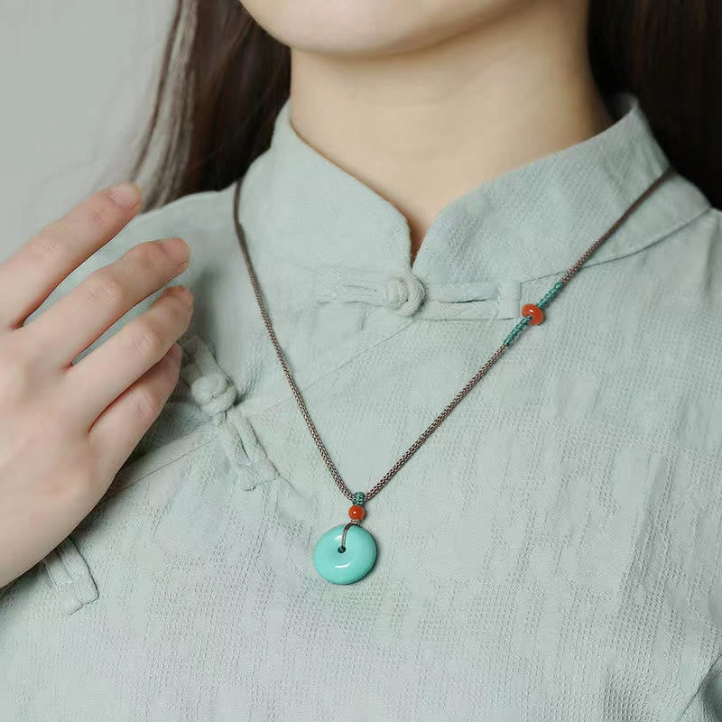 Buddha Stones Turquoise Peace Buckle Rope Balance Necklace Pendant