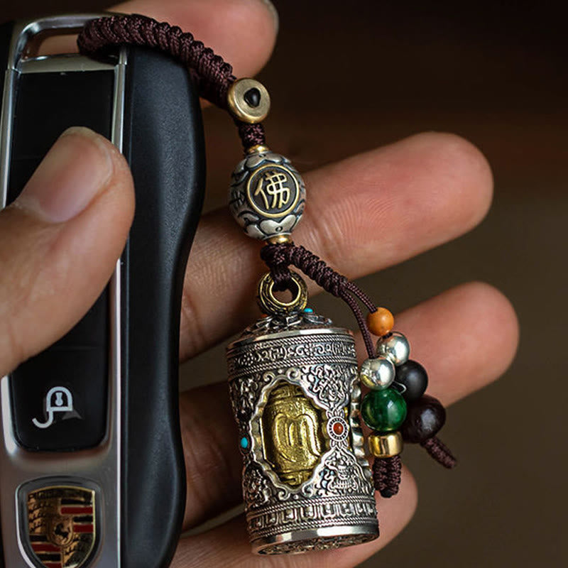 Buddha Stones Om Mani Padme Hum Ghau Prayer Box Copper Plated Silver Luck Key Chain