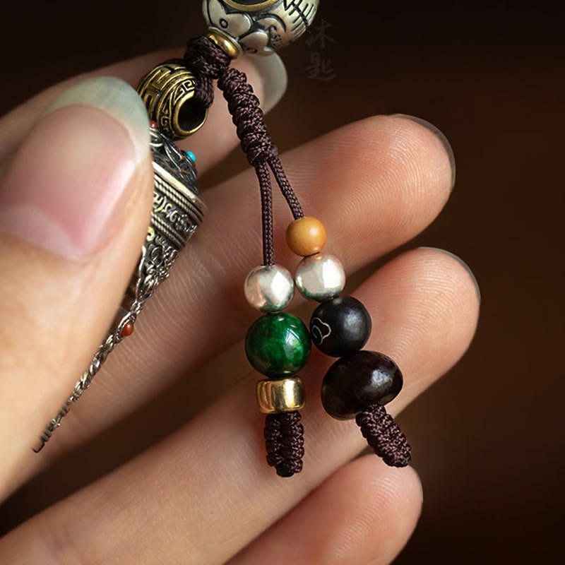 Buddha Stones Om Mani Padme Hum Ghau Prayer Box Copper Plated Silver Luck Key Chain