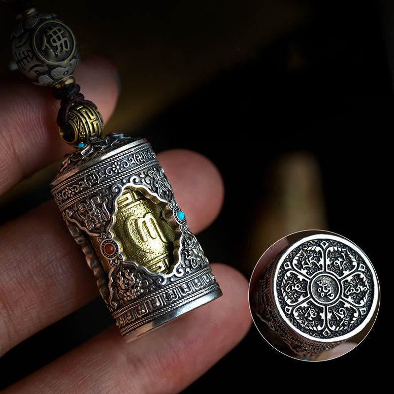 Buddha Stones Om Mani Padme Hum Ghau Prayer Box Copper Plated Silver Luck Key Chain