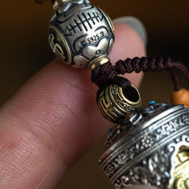 Buddha Stones Om Mani Padme Hum Ghau Prayer Box Copper Plated Silver Luck Key Chain