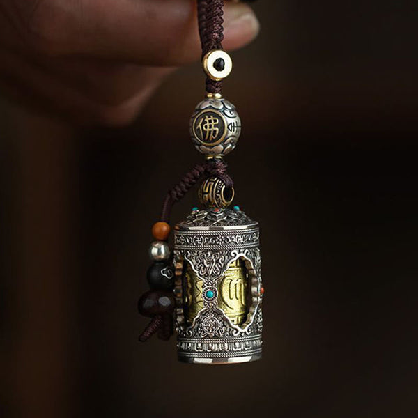 Buddha Stones Om Mani Padme Hum Ghau Prayer Box Copper Plated Silver Luck Key Chain
