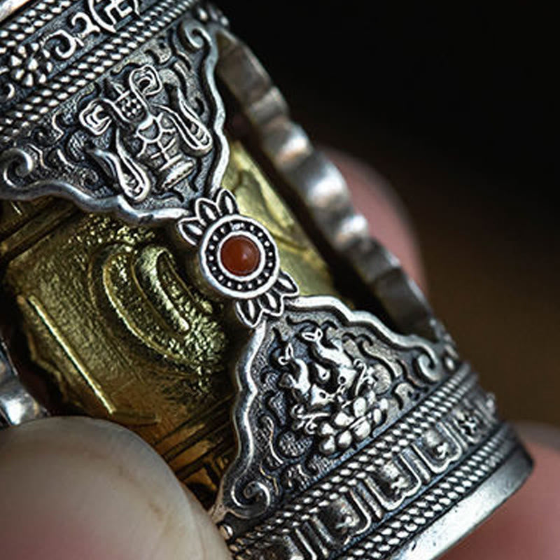 Buddha Stones Om Mani Padme Hum Ghau Prayer Box Copper Plated Silver Luck Key Chain