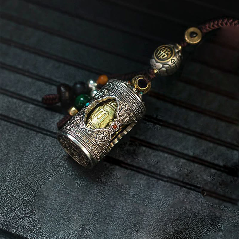 Buddha Stones Om Mani Padme Hum Ghau Prayer Box Copper Plated Silver Luck Key Chain