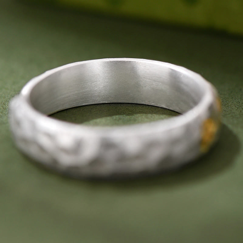 Buddha Stones Hammer Pattern Om Mani Padme Hum Copper Plated Silver Wealth Ring