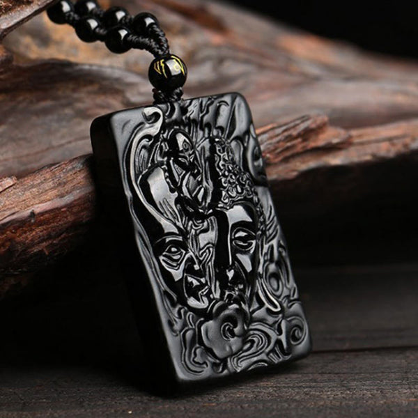 Buddha Stones Natural Black Obsidian Buddha Devil Pattern Strength Necklace Pendant