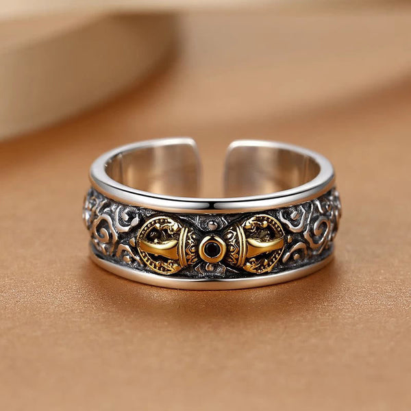 Buddha Stones Vintage Tibetan Vajra Auspicious Clouds Pattern Copper Pleated Silver Balance Ring