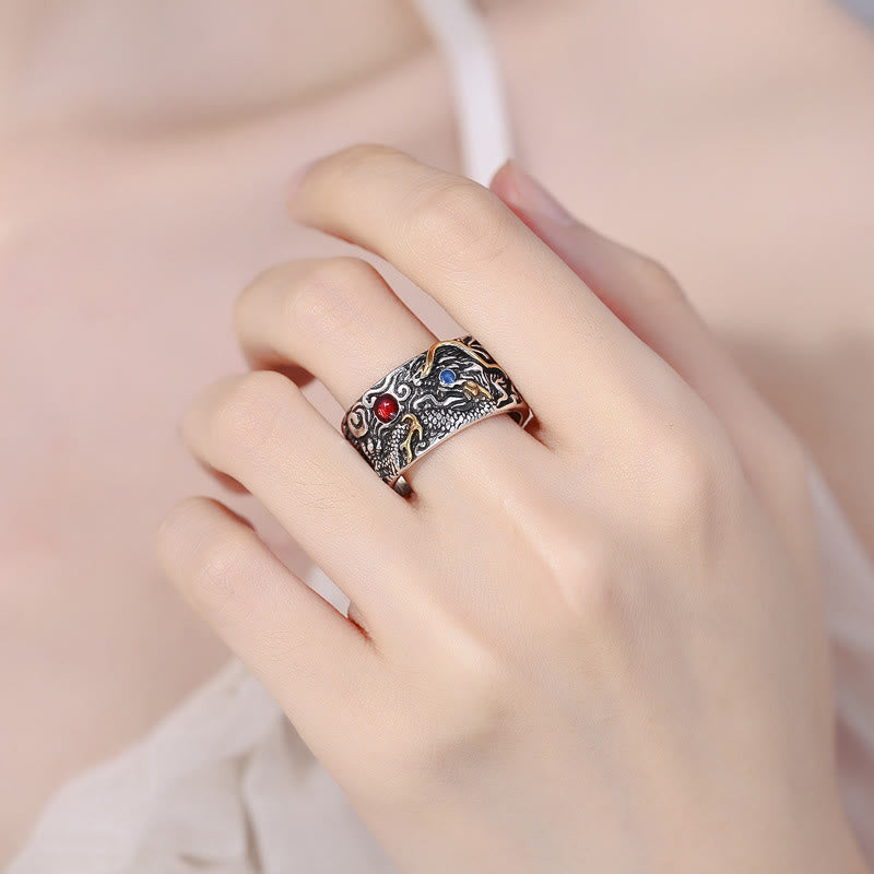 Buddha Stones Vintage Dragon Pattern Copper Pleated Silver Balance Ring