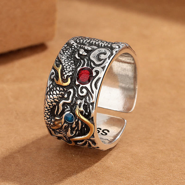 Buddha Stones Vintage Dragon Pattern Copper Pleated Silver Balance Ring