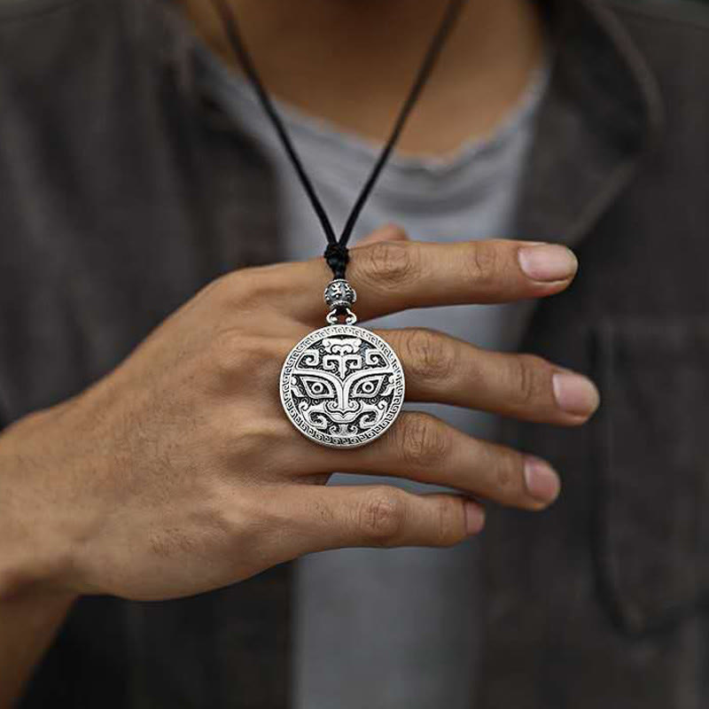 Buddha Stones Taotie Om Mani Padme Hum Copper Plated Silver Wealth Necklace Pendant