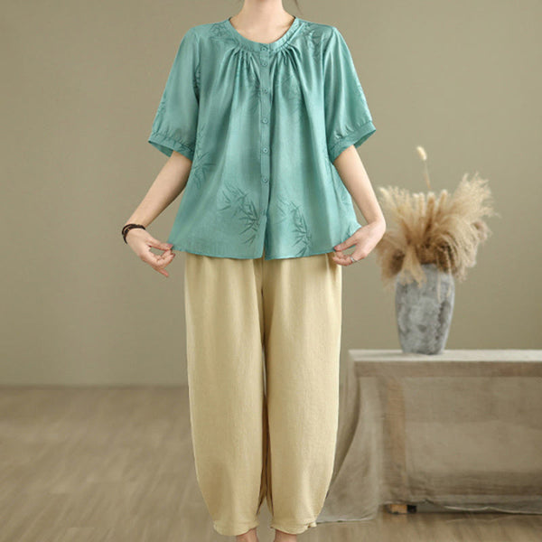 Buddha Stones 2pcs Casual Women's Short Sleeve Shirt Harem Pants Meditation Clothing Set