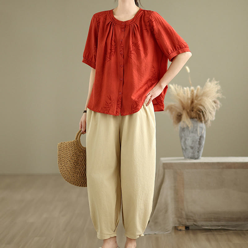 Buddha Stones 2pcs Casual Women's Short Sleeve Shirt Harem Pants Meditation Clothing Set