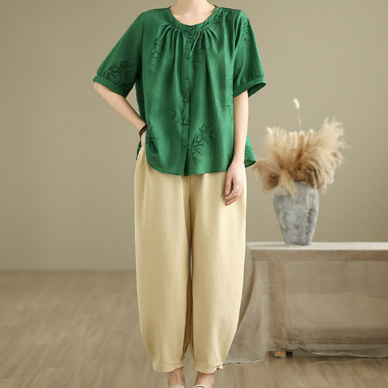 Buddha Stones 2pcs Casual Women's Short Sleeve Shirt Harem Pants Meditation Clothing Set