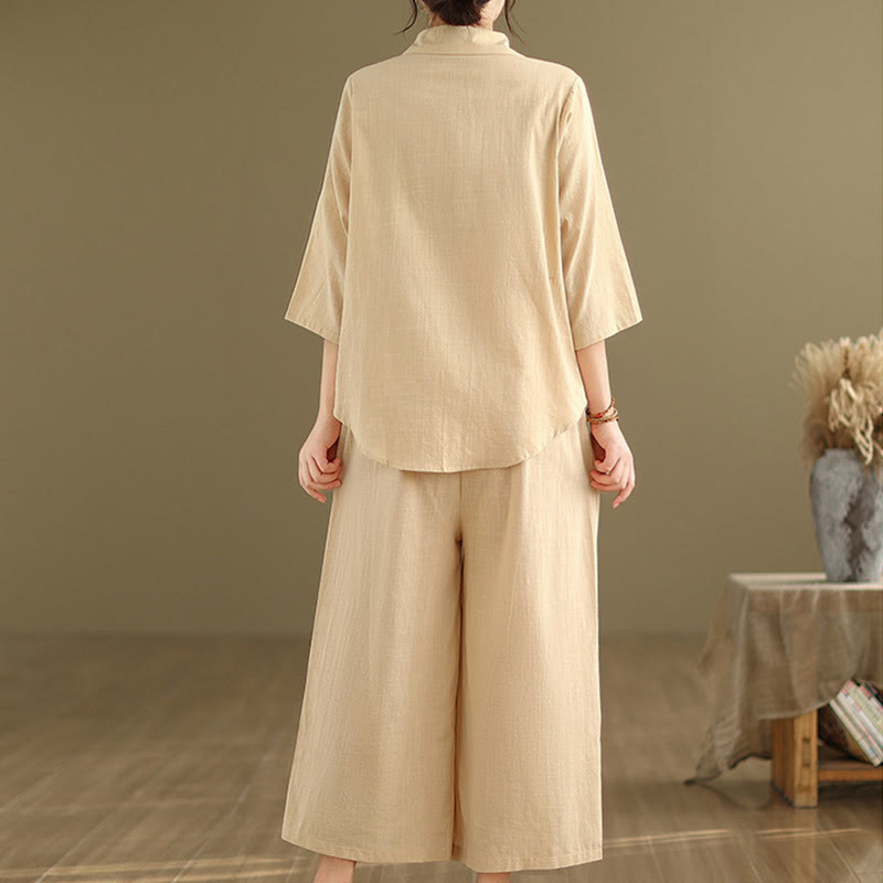 Buddha Stones 2pcs Casual Women's Stand Collar Shirt Loose Pants Meditation Clothing Set