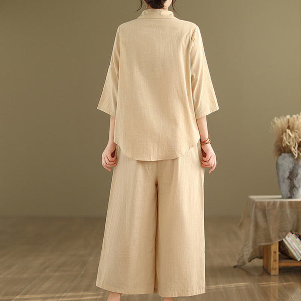 Buddha Stones 2pcs Casual Women's Stand Collar Shirt Loose Pants Meditation Clothing Set