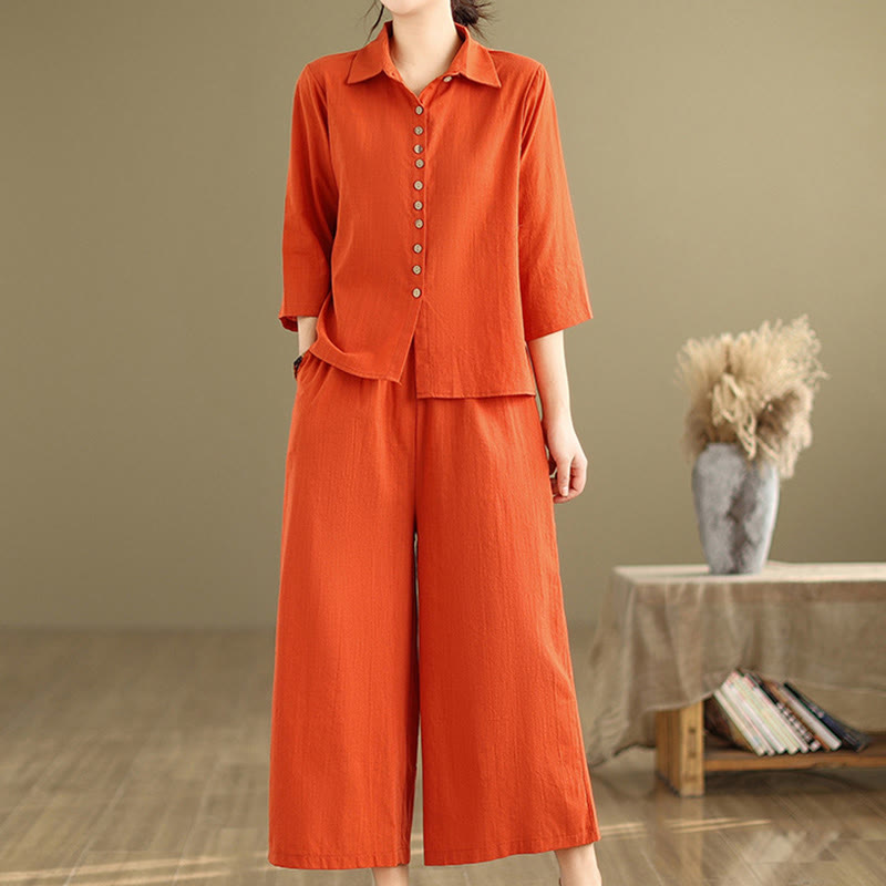 Buddha Stones 2pcs Casual Women's Stand Collar Shirt Loose Pants Meditation Clothing Set