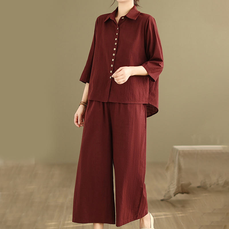 Buddha Stones 2pcs Casual Women's Stand Collar Shirt Loose Pants Meditation Clothing Set