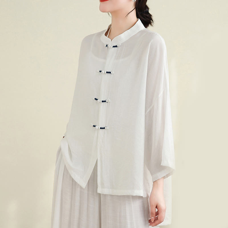 Buddha Stones 2pcs Casual Women's Frog Button Shirt Loose Pants Meditation Clothing Set