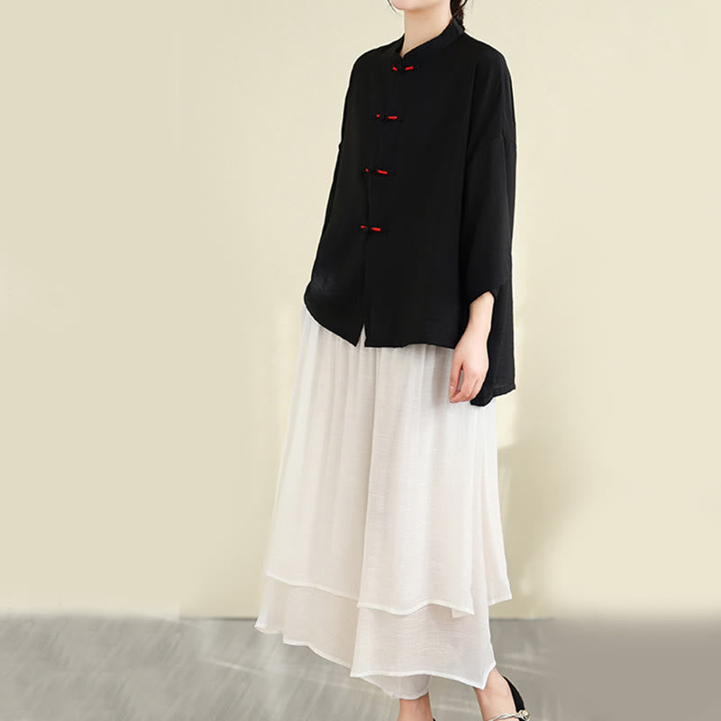 Buddha Stones 2pcs Casual Women's Frog Button Shirt Loose Pants Meditation Clothing Set