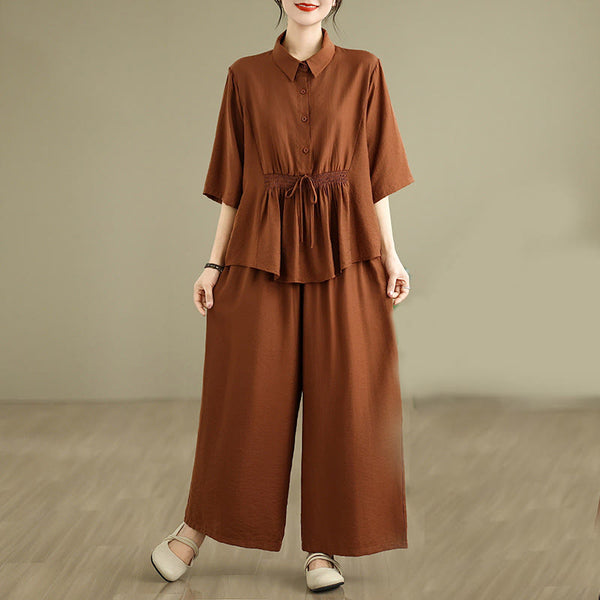 Buddha Stones 2pcs Casual Women's Stand Collar Shirt Loose Pants Meditation Clothing Set