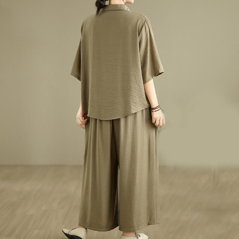 Buddha Stones 2pcs Casual Women's Stand Collar Shirt Loose Pants Meditation Clothing Set