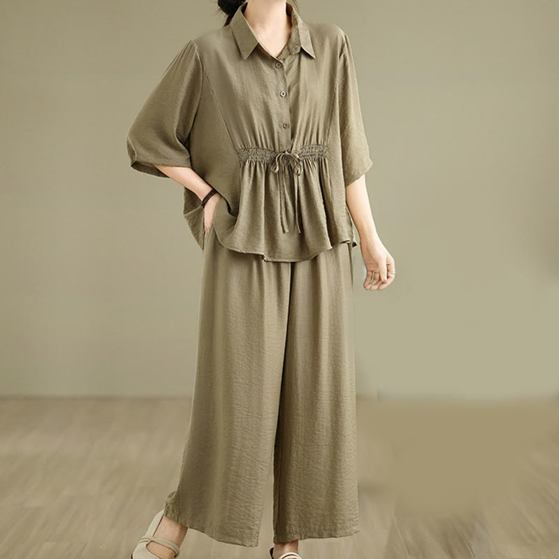 Buddha Stones 2pcs Casual Women's Stand Collar Shirt Loose Pants Meditation Clothing Set