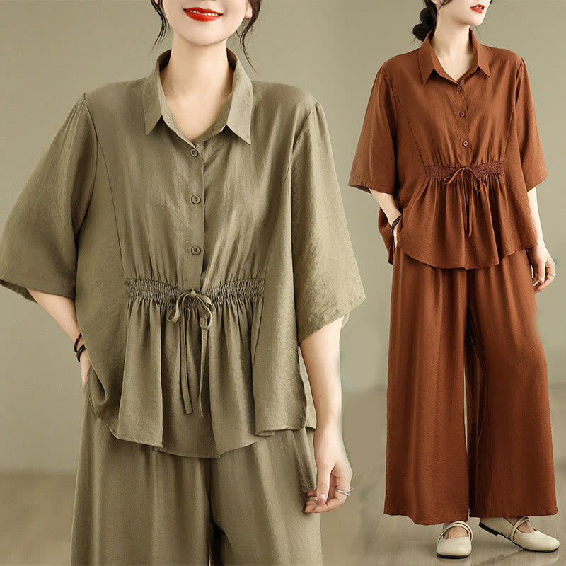 Buddha Stones 2pcs Casual Women's Stand Collar Shirt Loose Pants Meditation Clothing Set