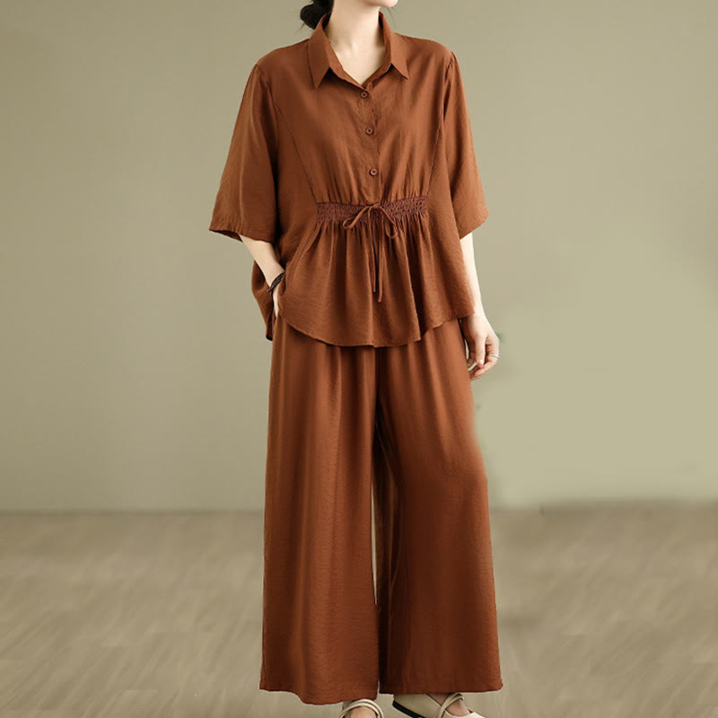 Buddha Stones 2pcs Casual Women's Stand Collar Shirt Loose Pants Meditation Clothing Set