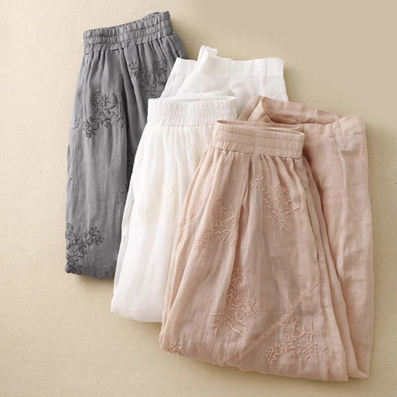 Buddha Stones Embroidered Pattern Women's Cotton Linen Harem Pants With Pockets