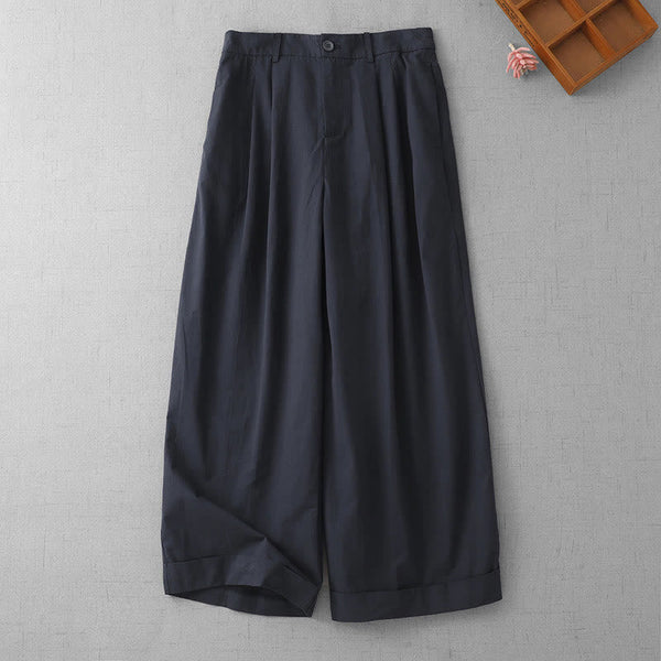 Buddha Stones Casual Plain High Waist Women's Polyester 7-8 Length Wide Leg Pants With Pockets