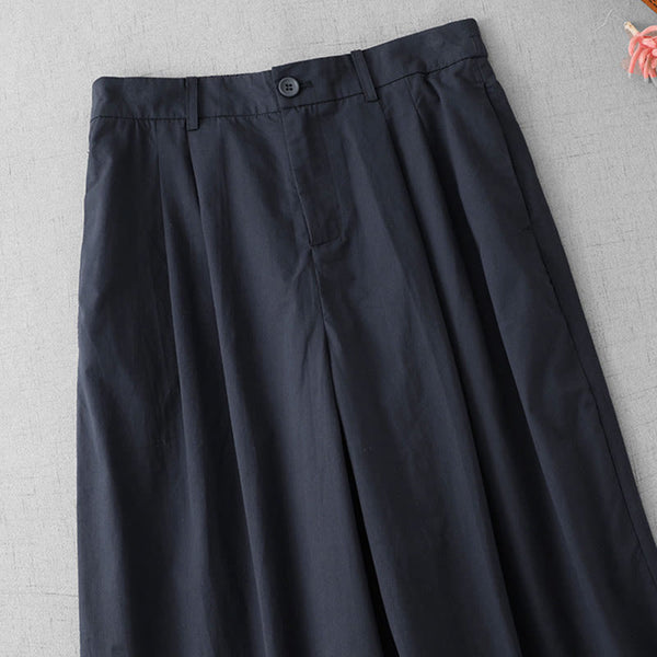 Buddha Stones Casual Plain High Waist Women's Polyester 7-8 Length Wide Leg Pants With Pockets