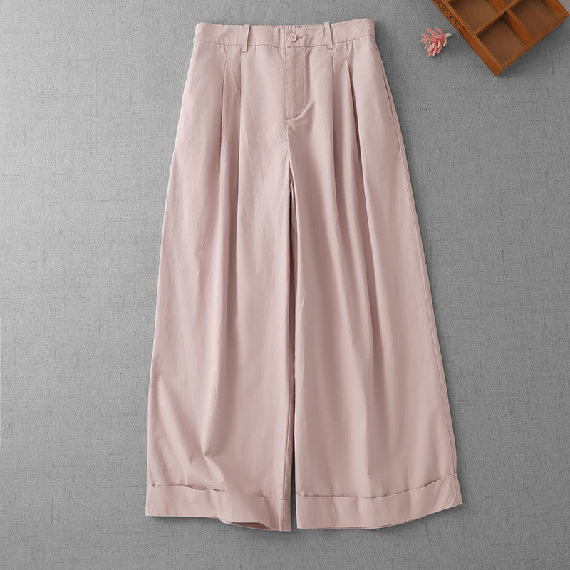 Buddha Stones Casual Plain High Waist Women's Polyester 7-8 Length Wide Leg Pants With Pockets