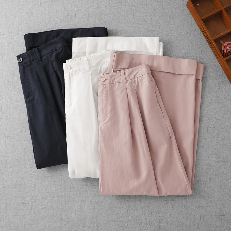 Buddha Stones Casual Plain High Waist Women's Polyester 7-8 Length Wide Leg Pants With Pockets