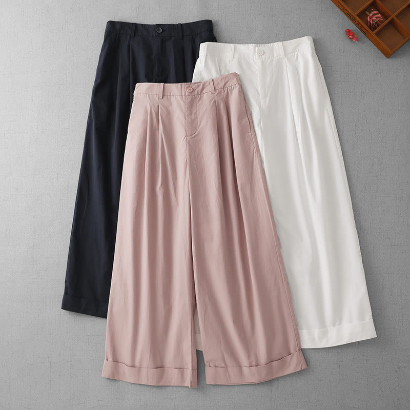 Buddha Stones Casual Plain High Waist Women's Polyester 7-8 Length Wide Leg Pants With Pockets