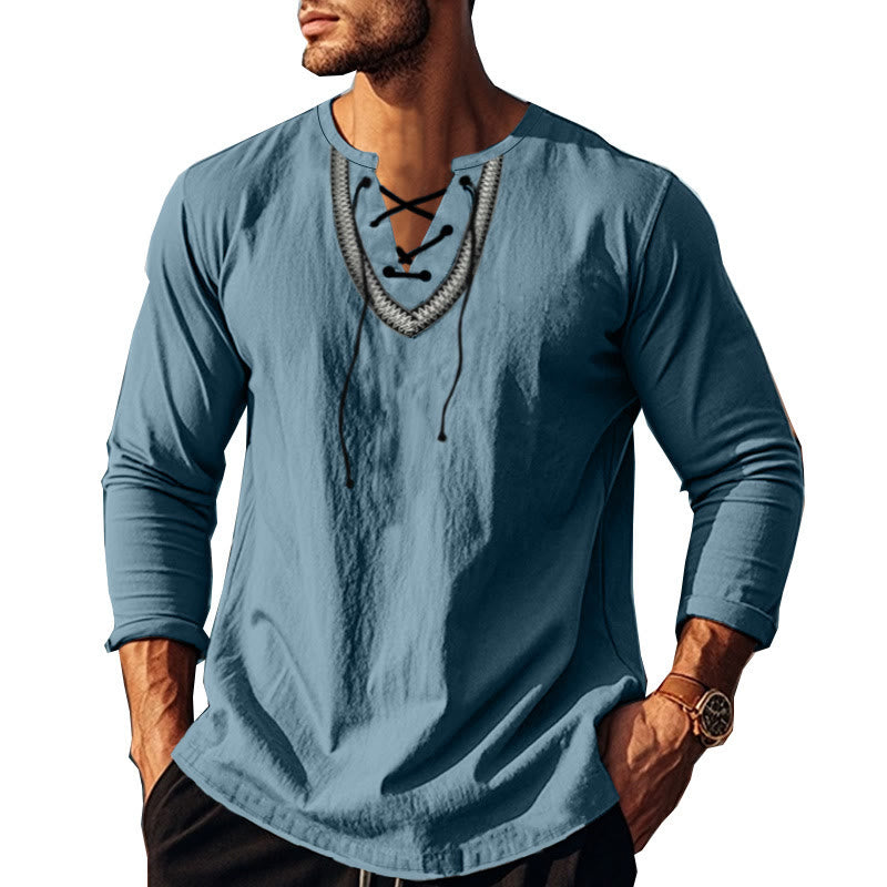 Buddha Stones Solid Color Fall Lace-up Men's V-Neck Long Sleeve Cotton Shirt