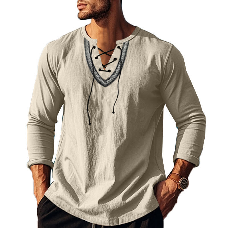 Buddha Stones Solid Color Fall Lace-up Men's V-Neck Long Sleeve Cotton Shirt