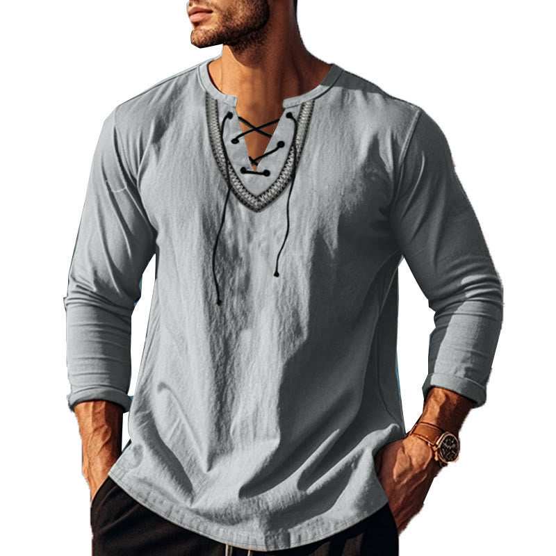 Buddha Stones Solid Color Fall Lace-up Men's V-Neck Long Sleeve Cotton Shirt