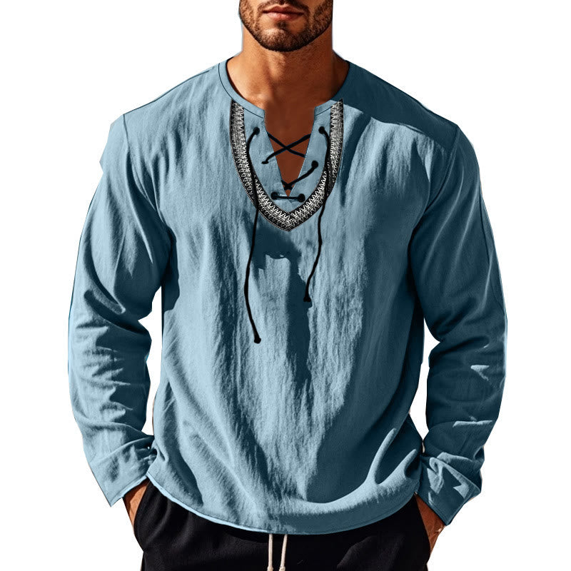 Buddha Stones Solid Color Fall Lace-up Men's V-Neck Long Sleeve Cotton Shirt