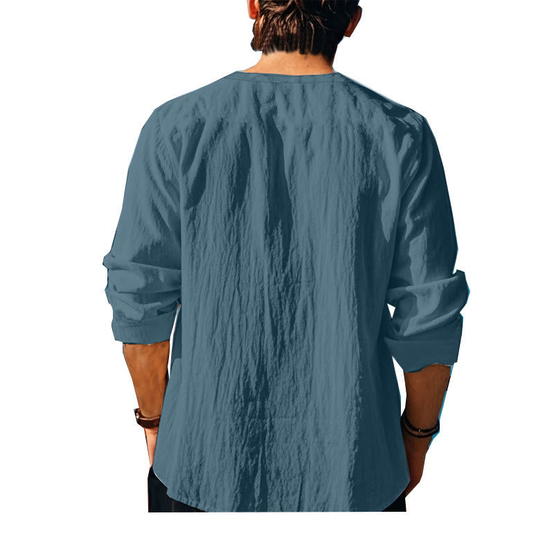 Buddha Stones Solid Color Fall Lace-up Men's V-Neck Long Sleeve Cotton Shirt