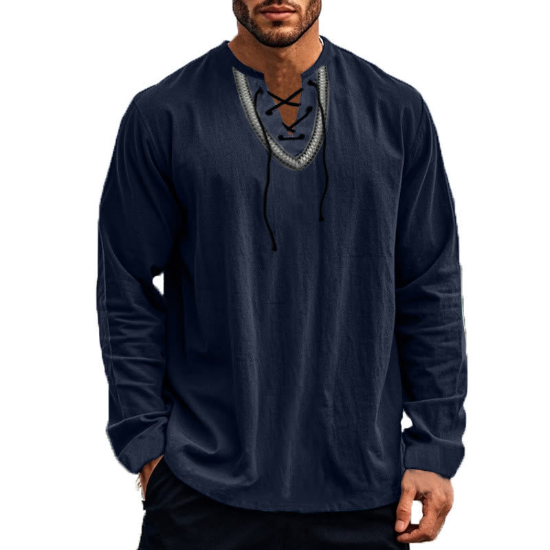 Buddha Stones Solid Color Fall Lace-up Men's V-Neck Long Sleeve Cotton Shirt