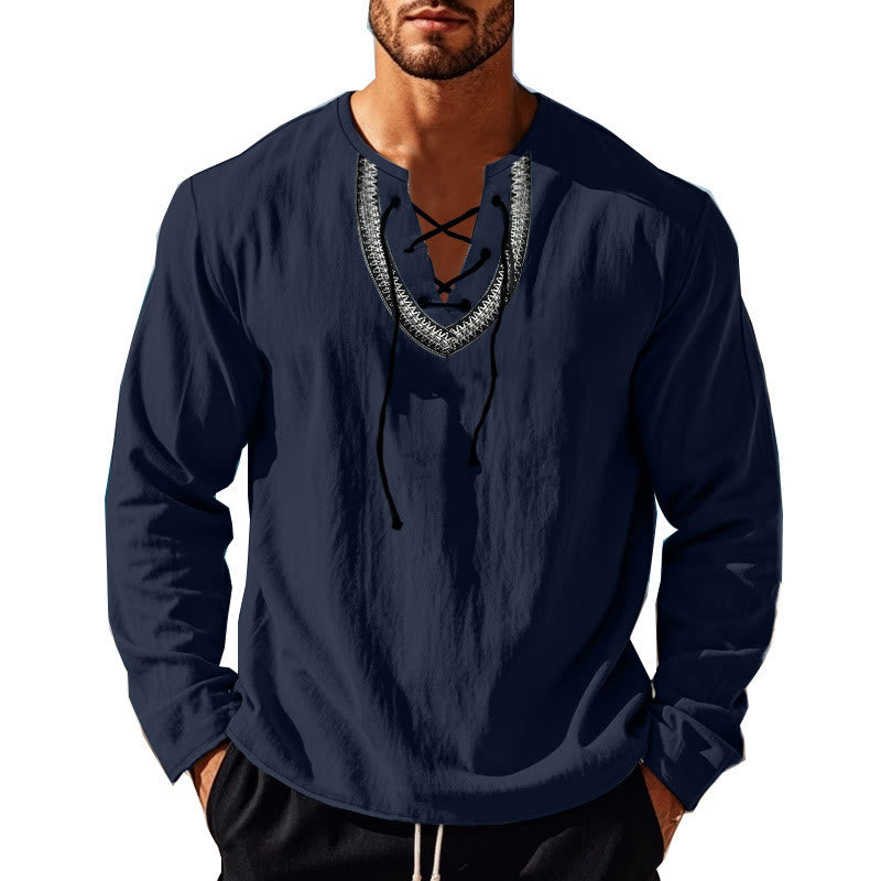 Buddha Stones Solid Color Fall Lace-up Men's V-Neck Long Sleeve Cotton Shirt